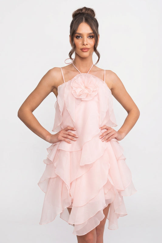 Tiered Ruffle Mini Dress with 3D Floral Halter Neck – Pink