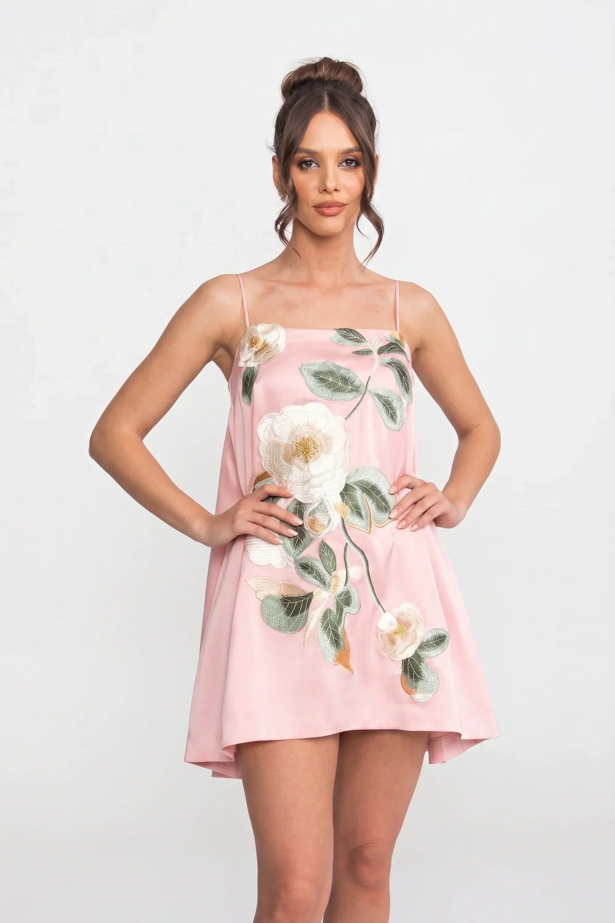 A-Line Mini Dress with Spaghetti Straps and 3D Camellia – Pink