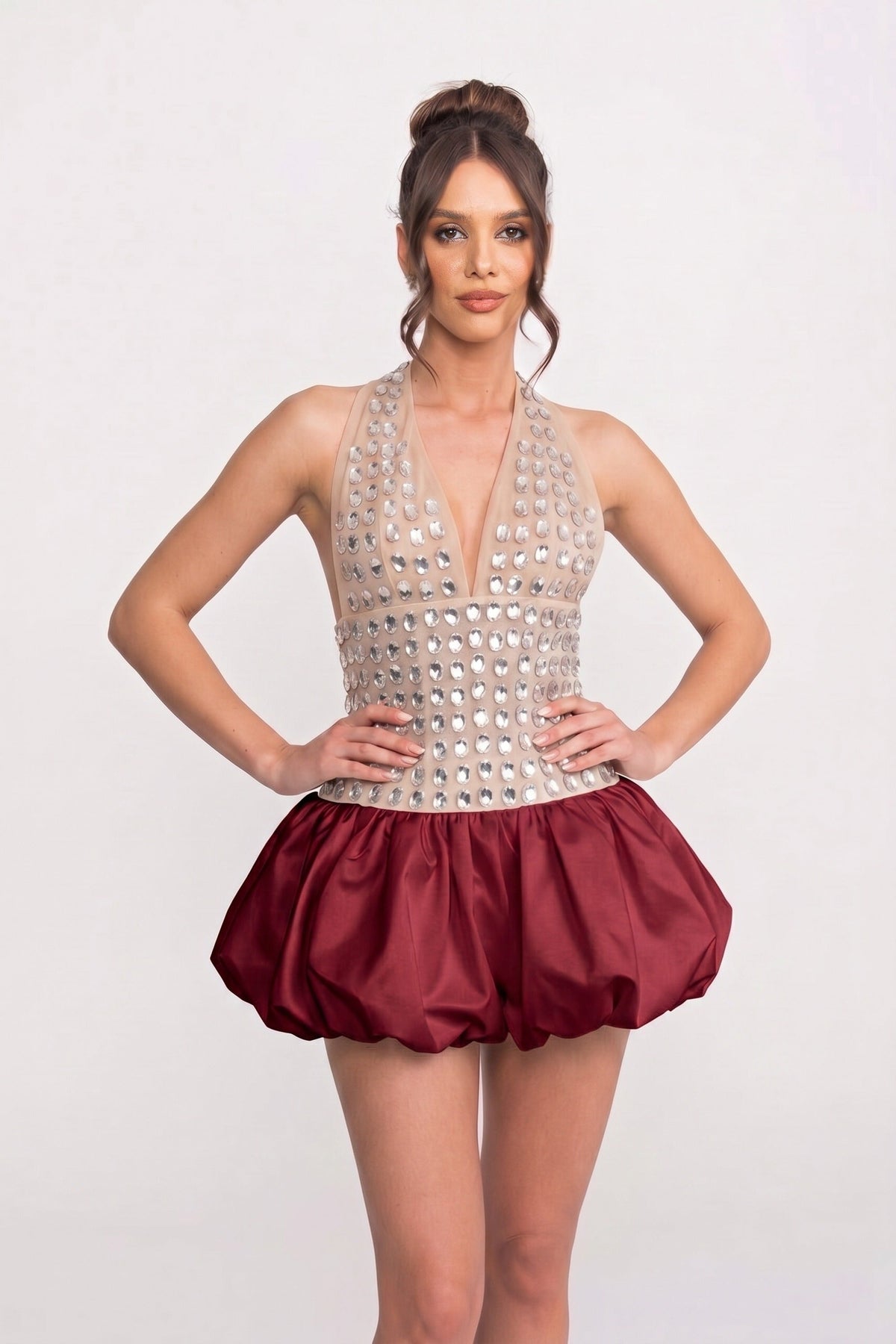 Deep V Halter Crystal Embellished Mini Dress with Bubble Skirt – Red – view 3