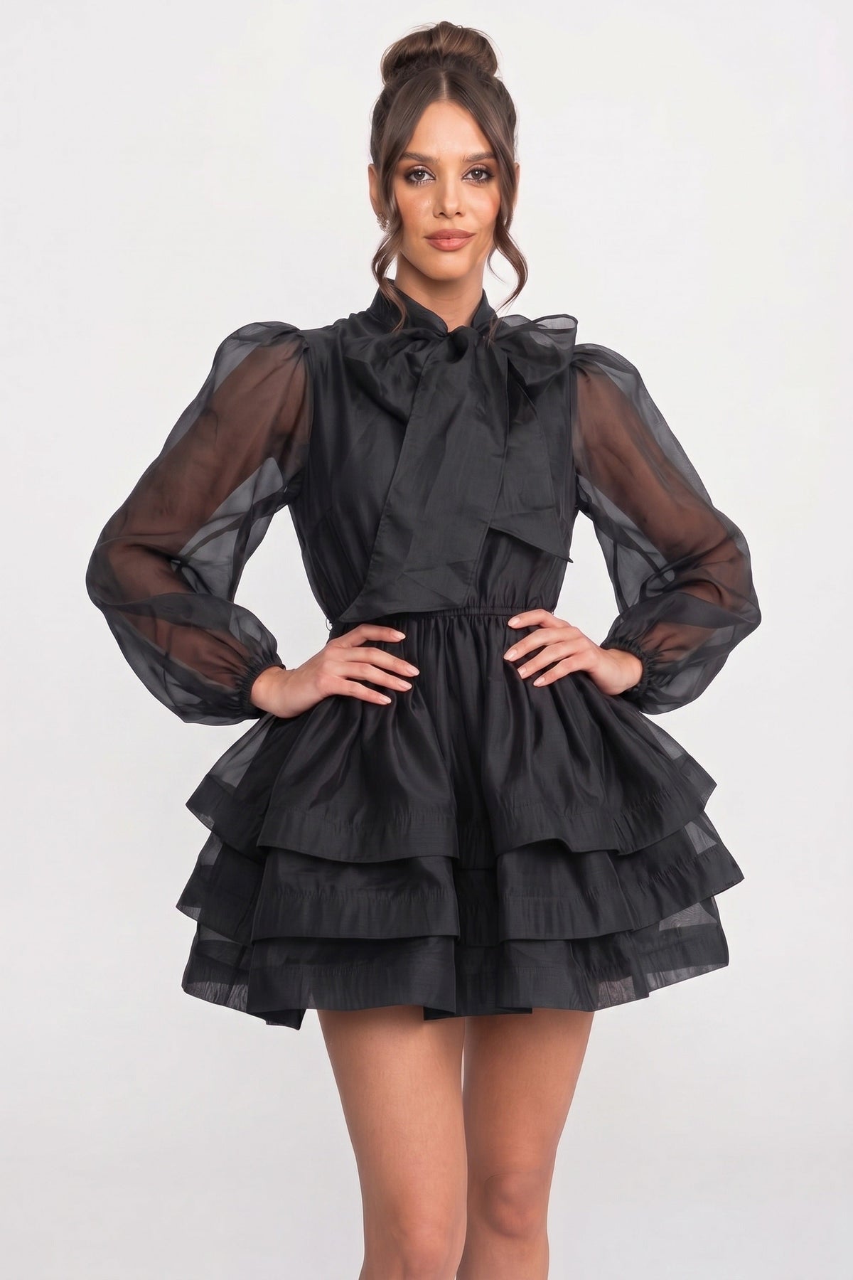 High Neck Bow Puff Sleeve Mini Dress with Tiered Ruffle Skirt – Black – view 3