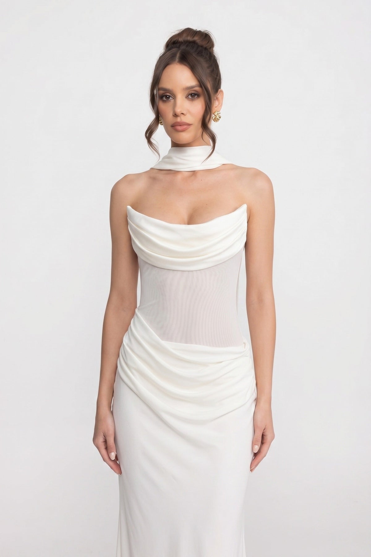 Strapless Draped Mermaid Maxi Gown with Cowl Neck and Sheer Scarf – White – view 4