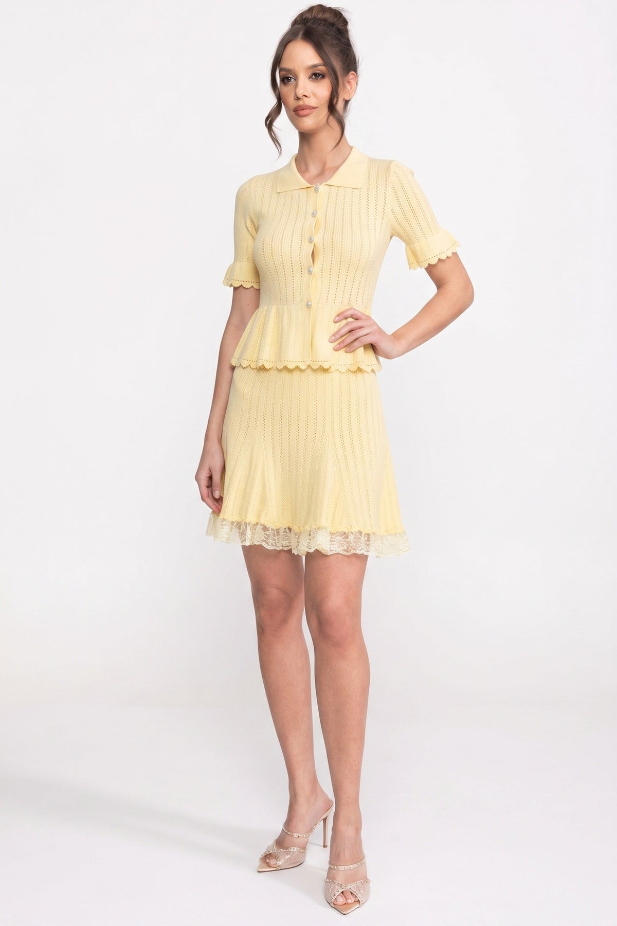 Peter Pan Collar Knit Peplum Top and Mini Skirt Set with Lace Hem – Yellow – view 7
