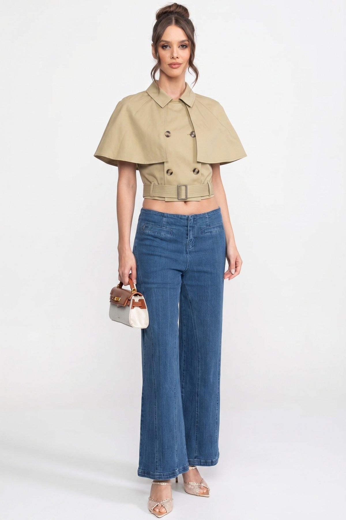 Double-Breasted Cropped Top with Spread Collar and Cape – Khaki – view 3