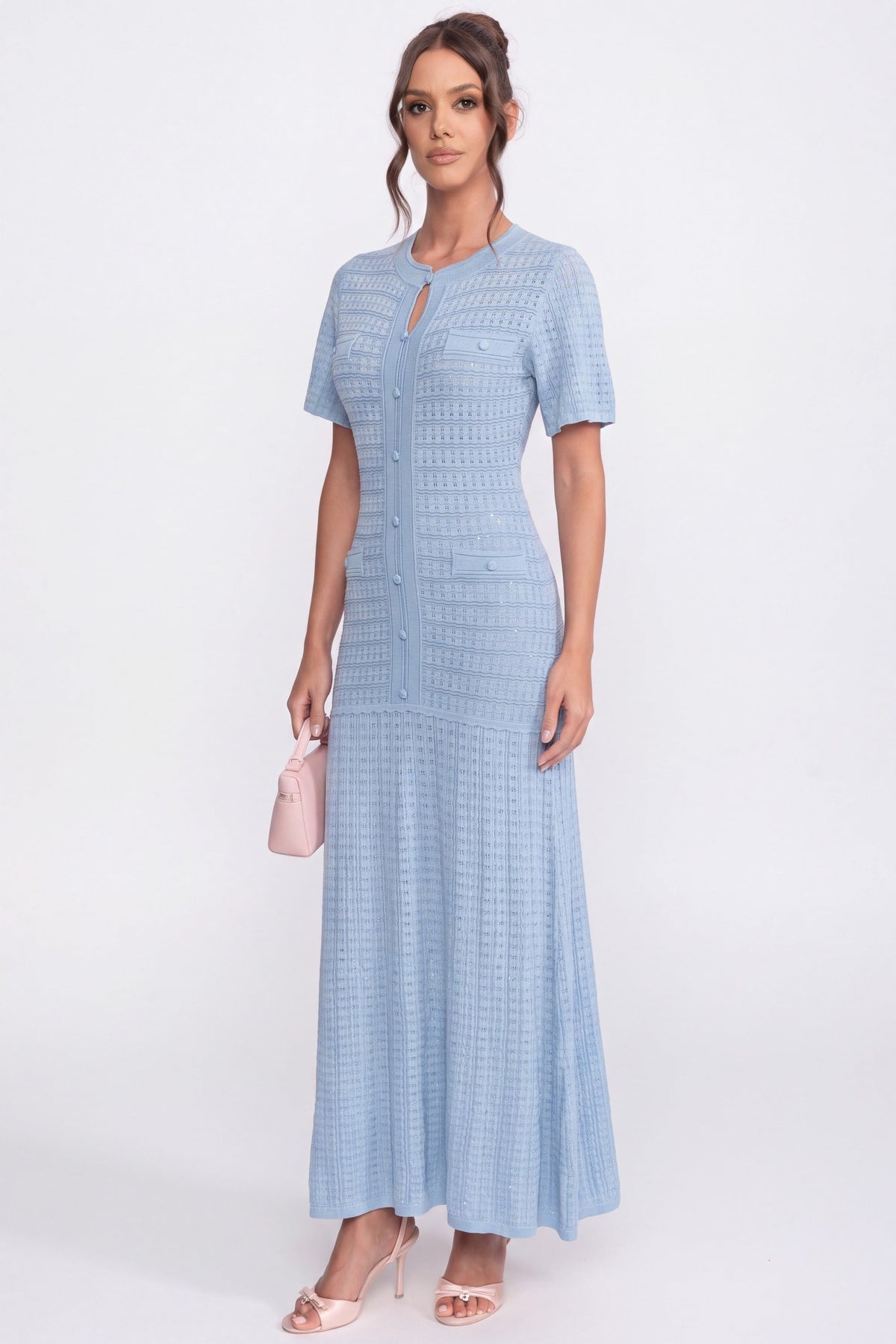 Shimmer Knit Button Front Midi Dress with Pleated Skirt – Light Blue – view 2