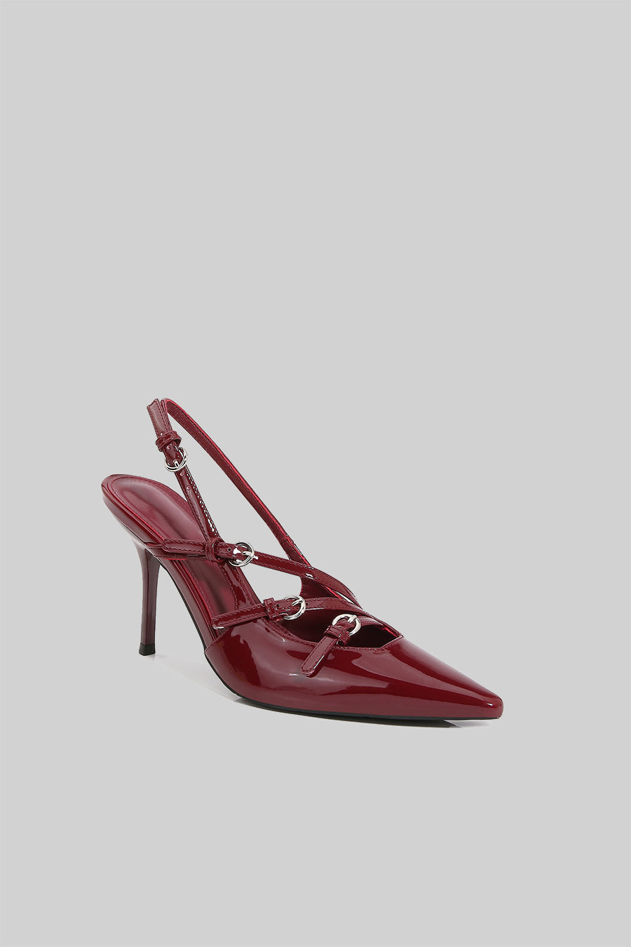 Glossy Pointed Toe Slingback Heels with Silver Buckles – Burgundy – view 4