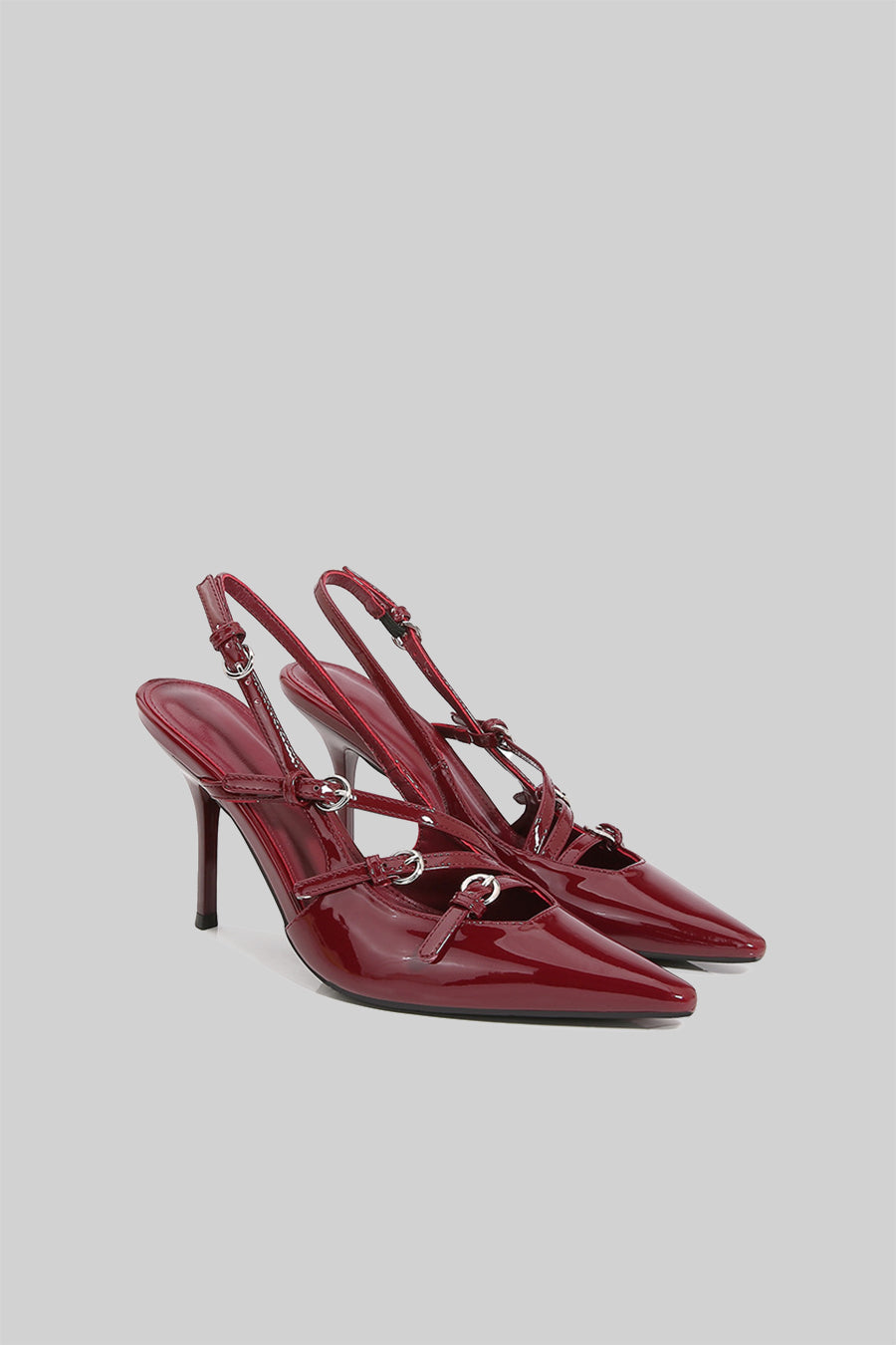 Glossy Pointed Toe Slingback Heels with Silver Buckles – Burgundy – view 5