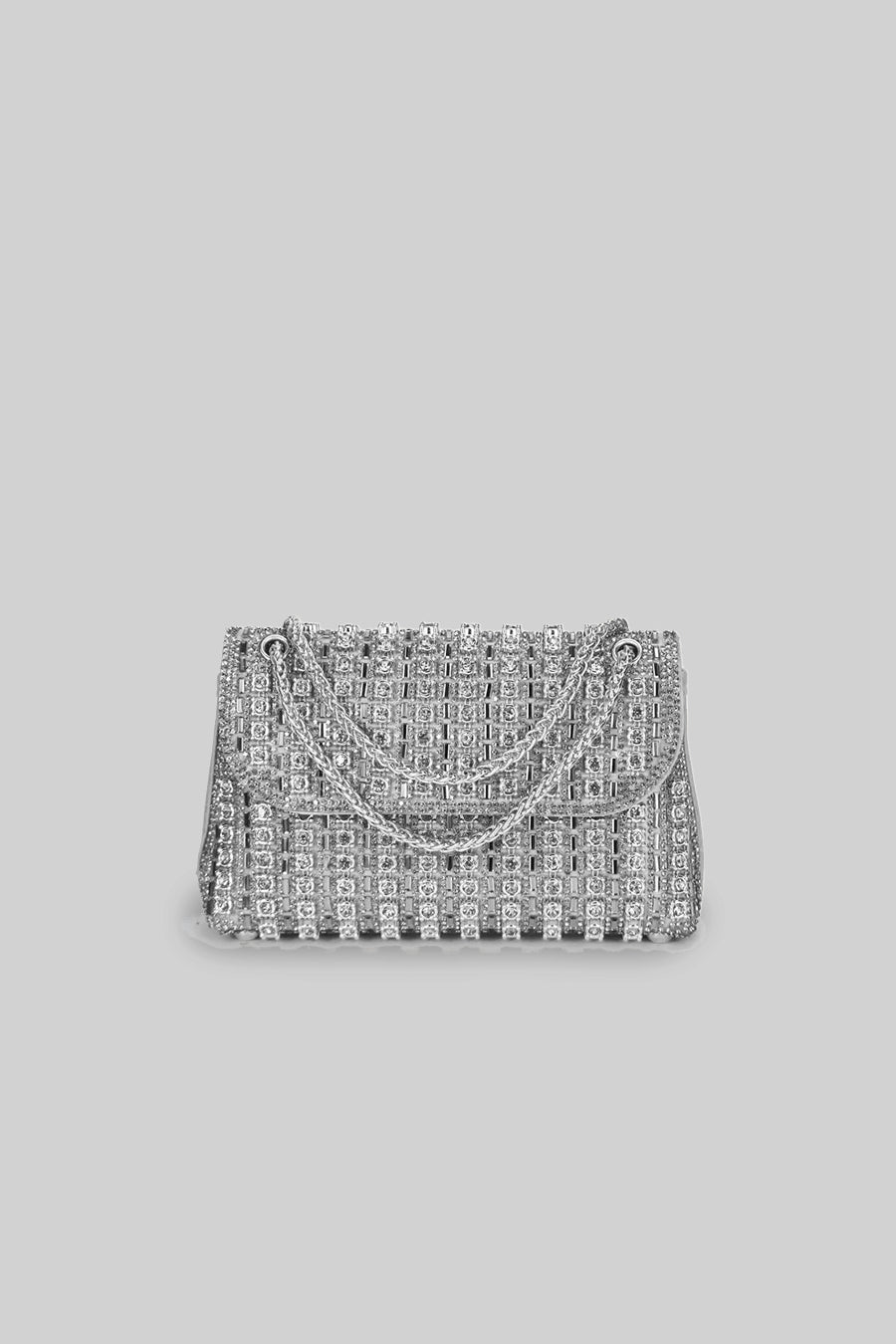 Woven Rhinestone Embellished Evening Bag with Chain Strap – Silver – view 2