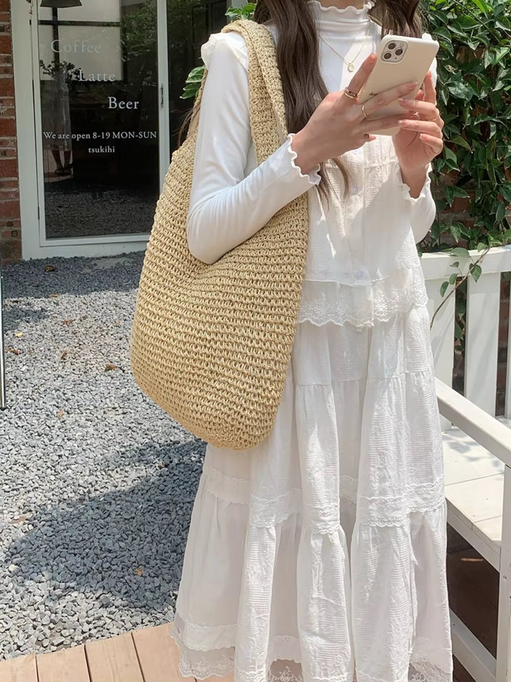 Beatrice Woven Rattan-Texture Straw Tote Bag with Open Top – view 6