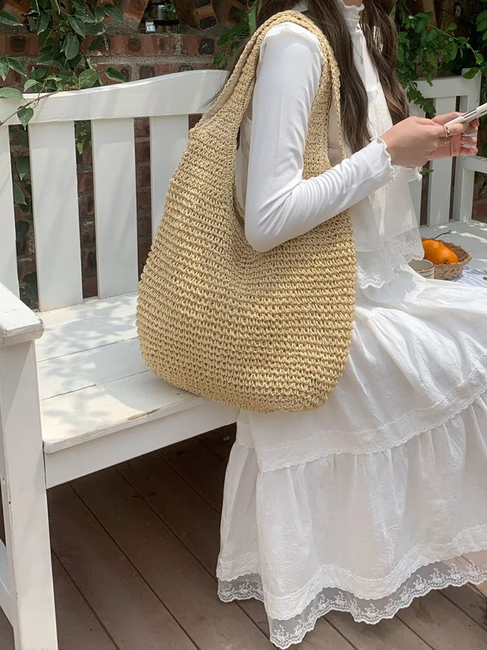 Beatrice Woven Rattan-Texture Straw Tote Bag with Open Top – view 5