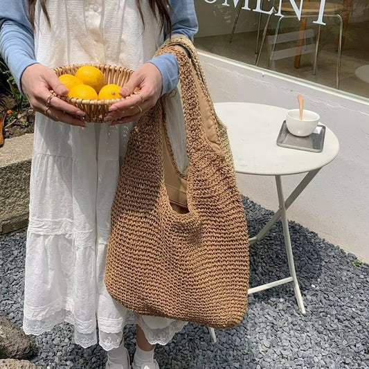 Beatrice Woven Rattan-Texture Straw Tote Bag with Open Top
