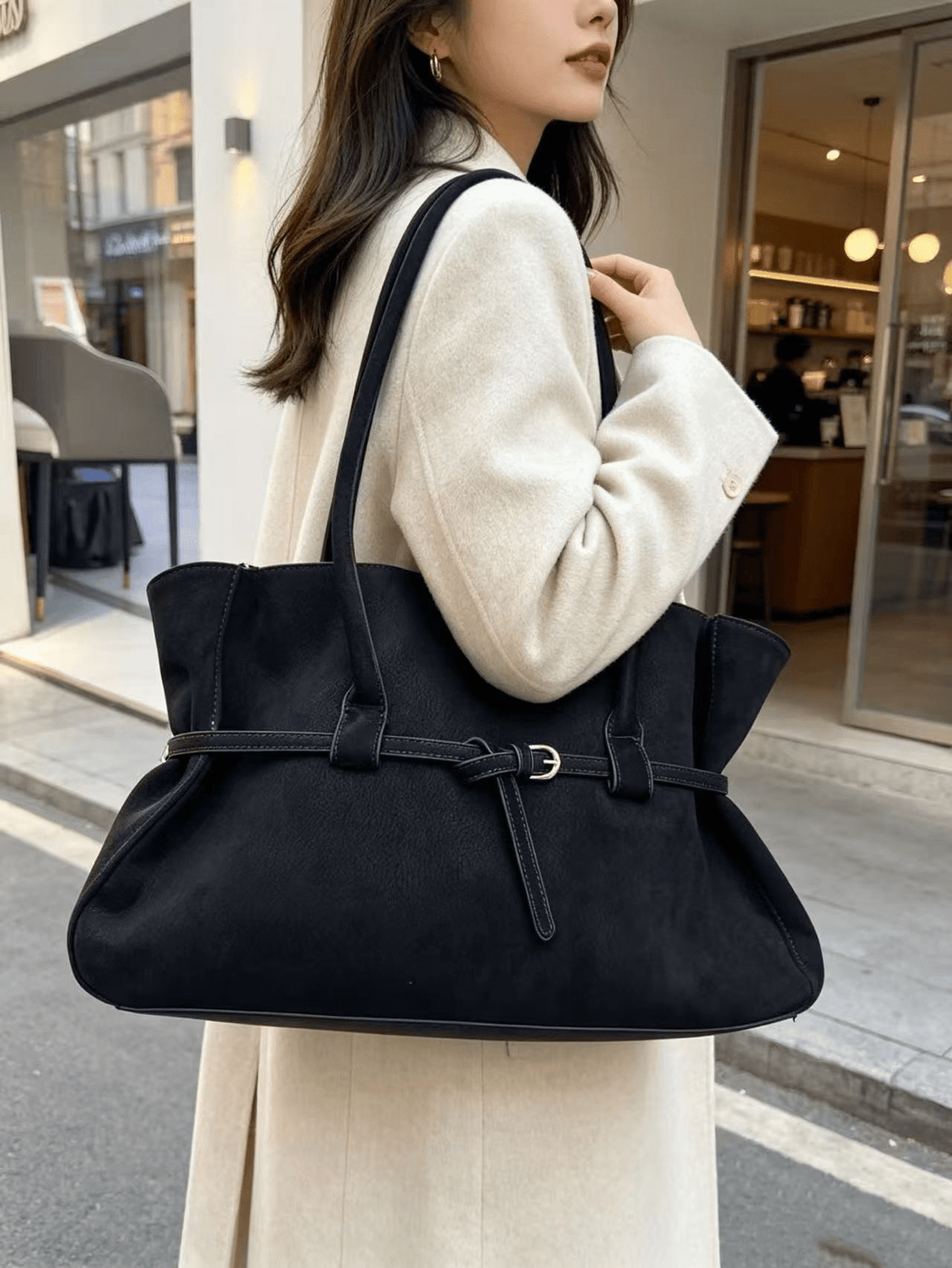 Briana Belted Faux Suede Structured Tote Bag with Zip