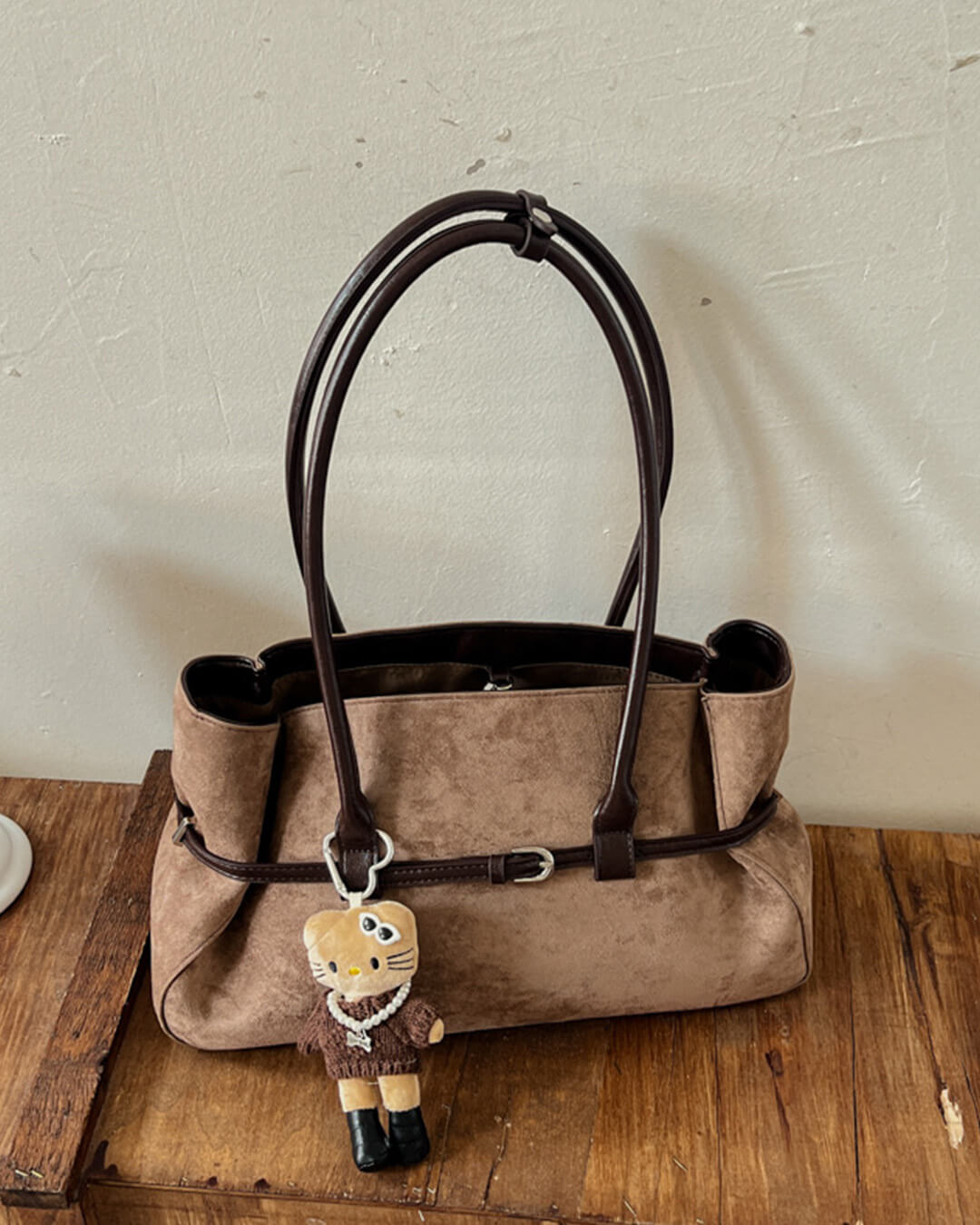 Briana Belted Faux Suede Structured Tote Bag with Zip – view 6