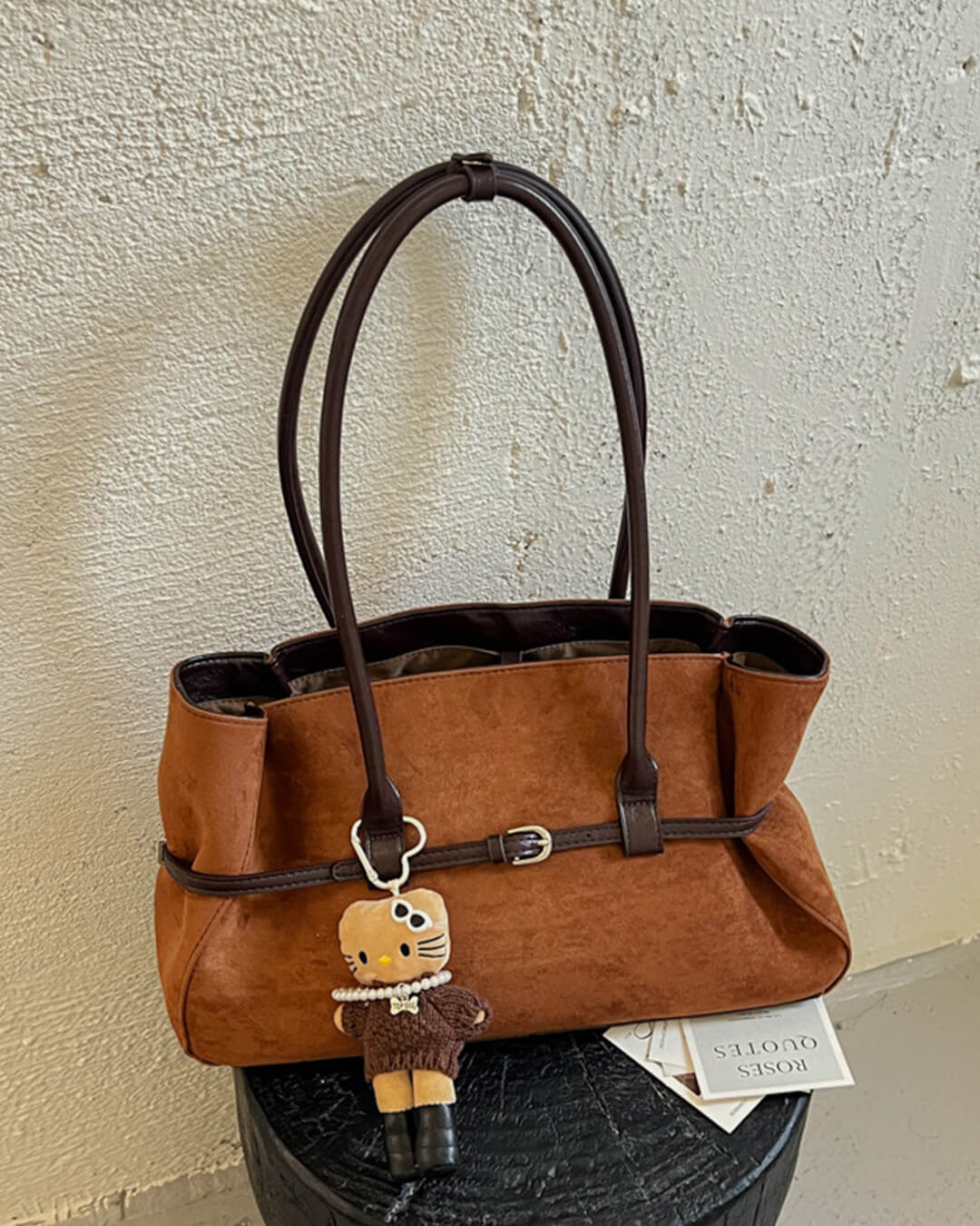Briana Belted Faux Suede Structured Tote Bag with Zip – view 7