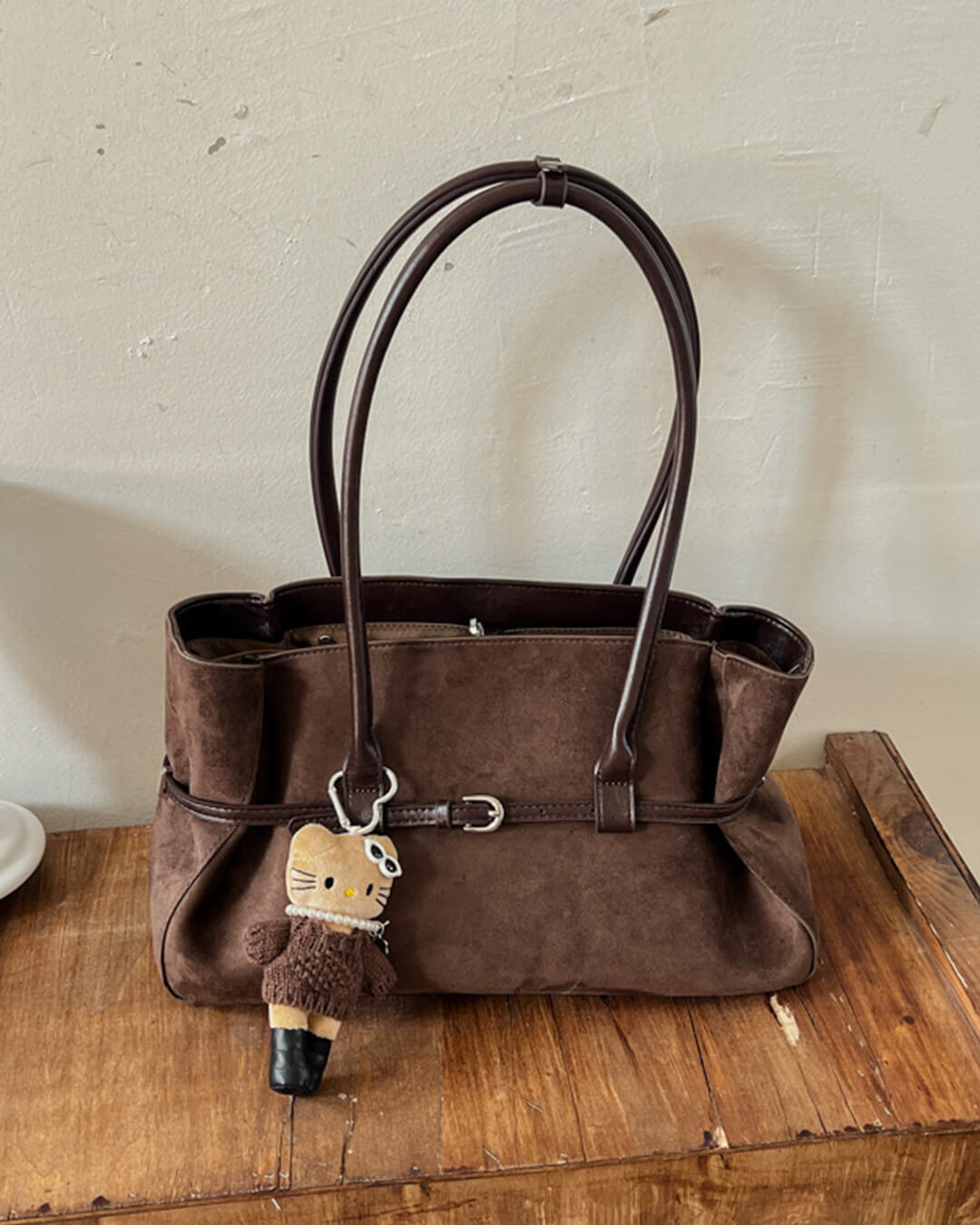 Briana Belted Faux Suede Structured Tote Bag with Zip – view 5