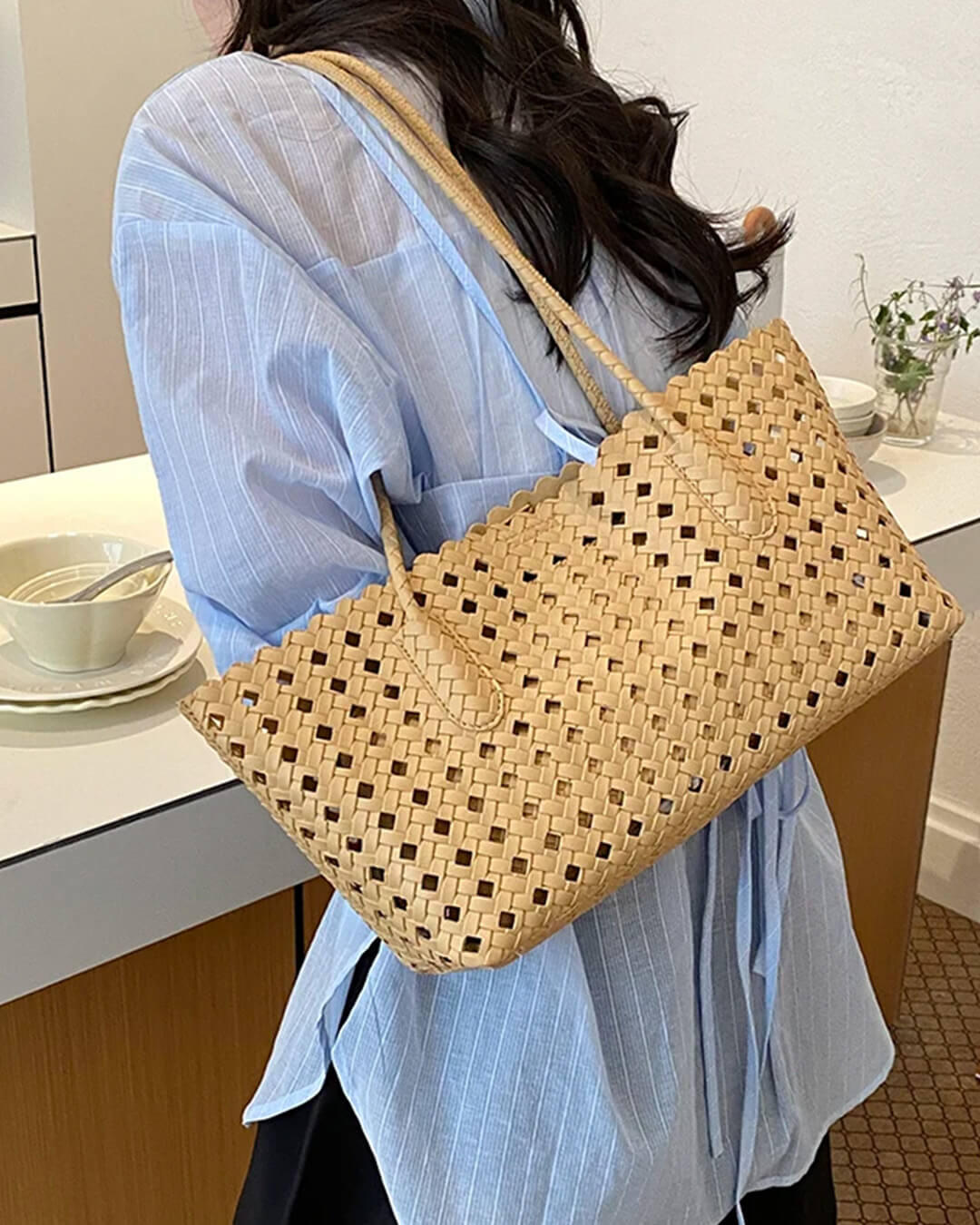 Briana Hollow-Out Woven Shoulder Tote Bag with Open Top – view 3