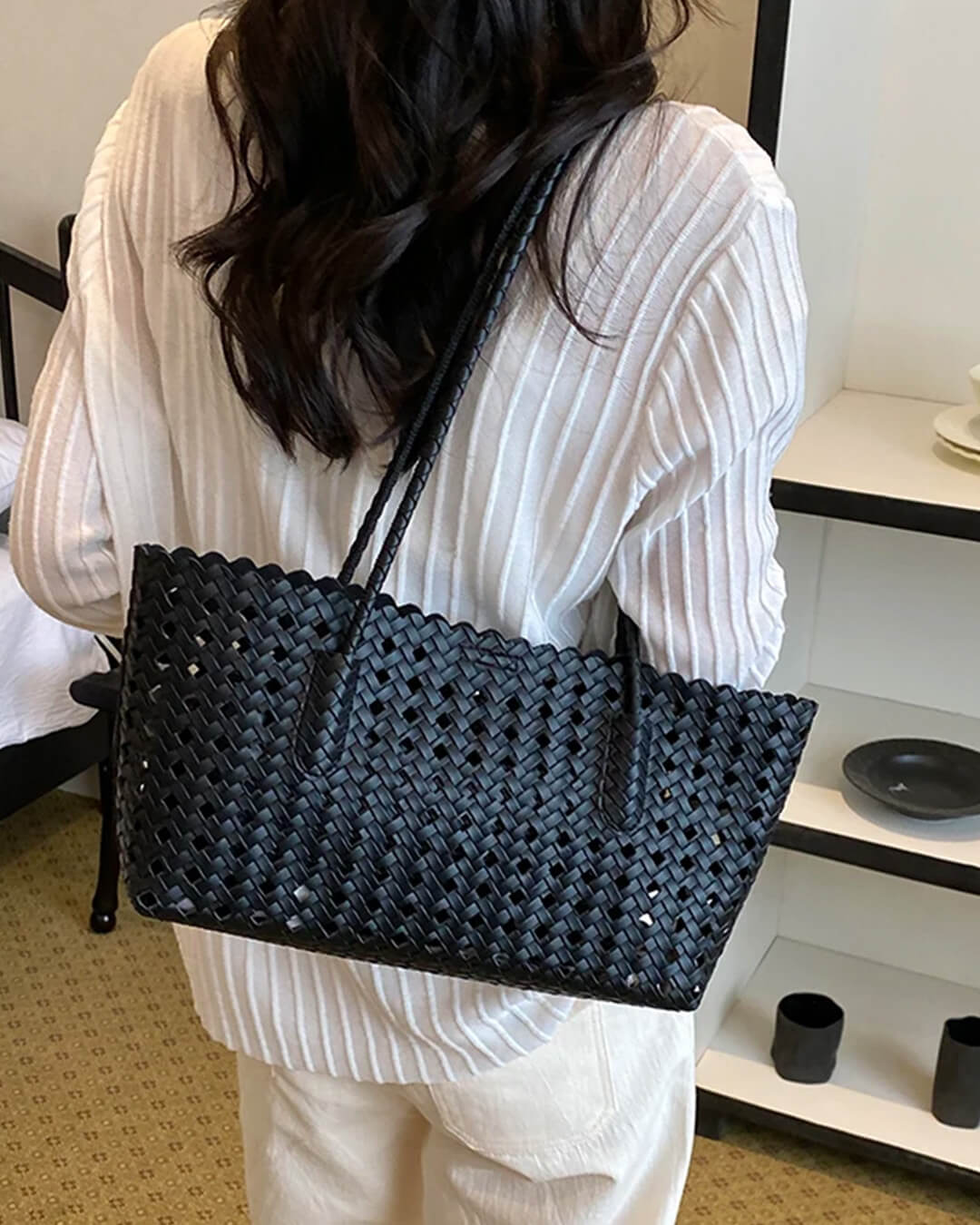 Briana Hollow-Out Woven Shoulder Tote Bag with Open Top