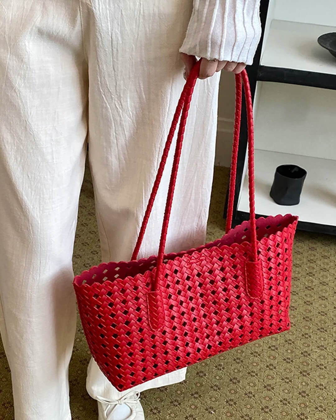 Briana Hollow-Out Woven Shoulder Tote Bag with Open Top – view 8