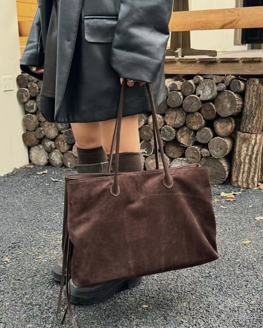 Carly Frosted Faux Suede Tote Bag with Tassel Zip