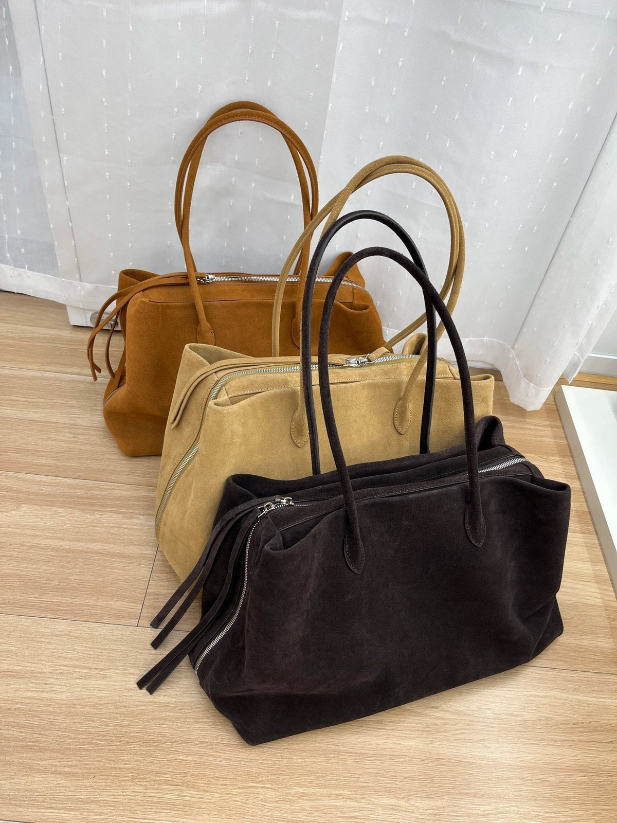 Carly Frosted Faux Suede Tote Bag with Tassel Zip – view 16