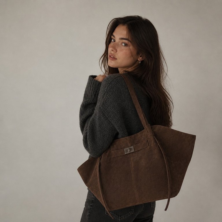 Dina Bat-Wing Faux Suede Shoulder Bag with Adjustable Strap – Brown