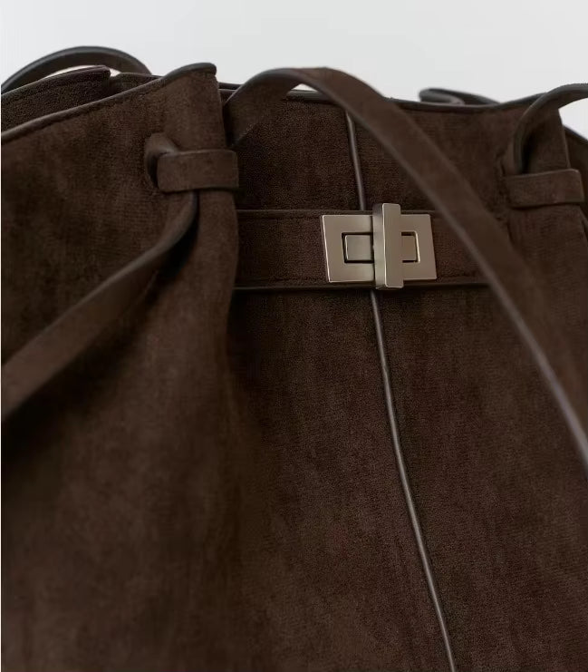 Dina Bat-Wing Faux Suede Shoulder Bag with Adjustable Strap – Brown