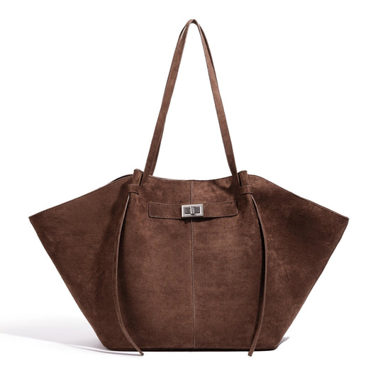 Dina Bat-Wing Faux Suede Shoulder Bag with Adjustable Strap – Brown