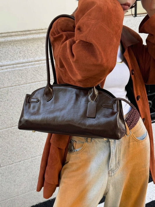 Ellie Elongated Vegan Leather Shoulder Bag with Dual Handles – Coffee – view 2