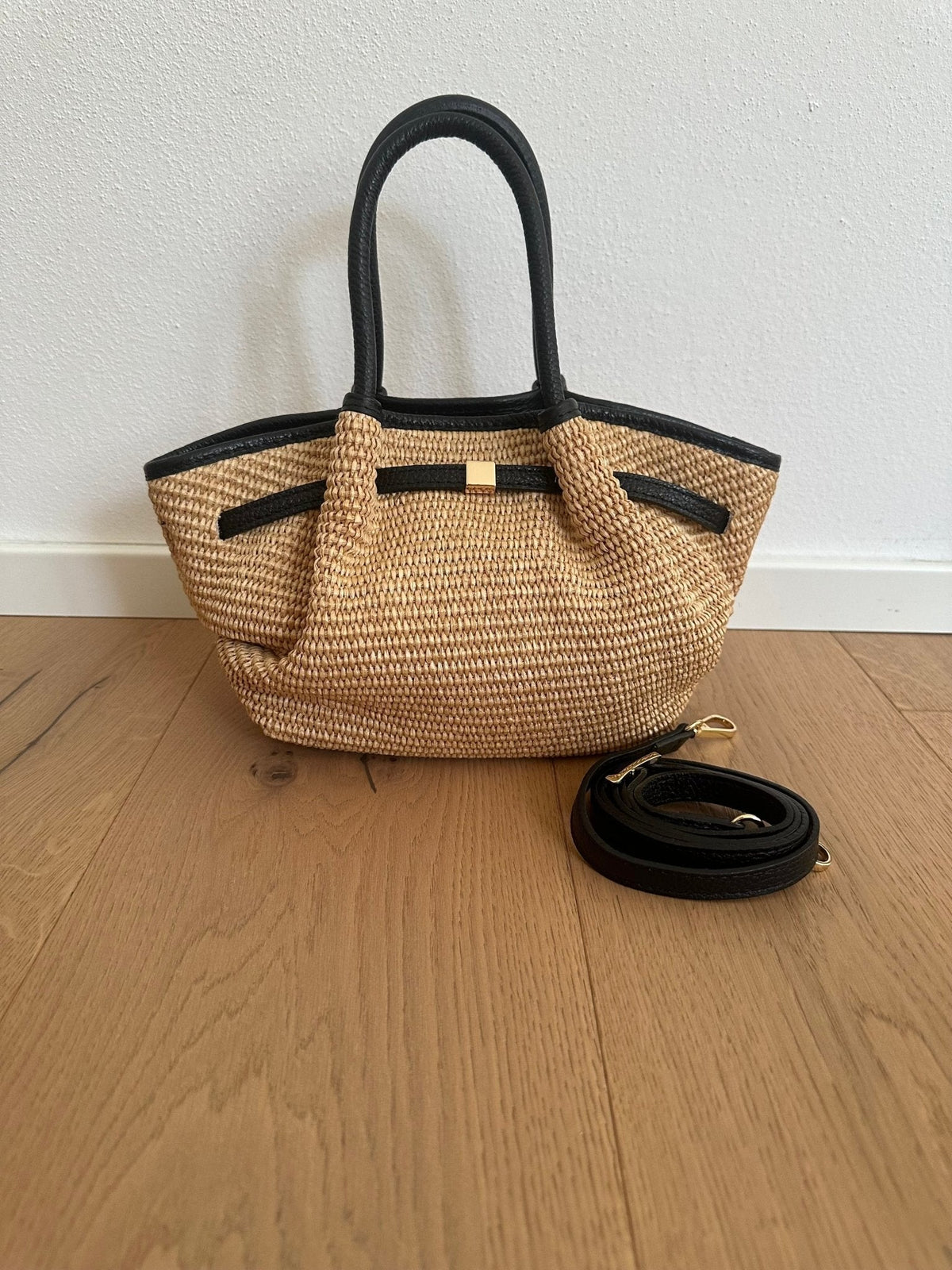Francia Small Woven Straw Tote Bag with Leather-Look Trim