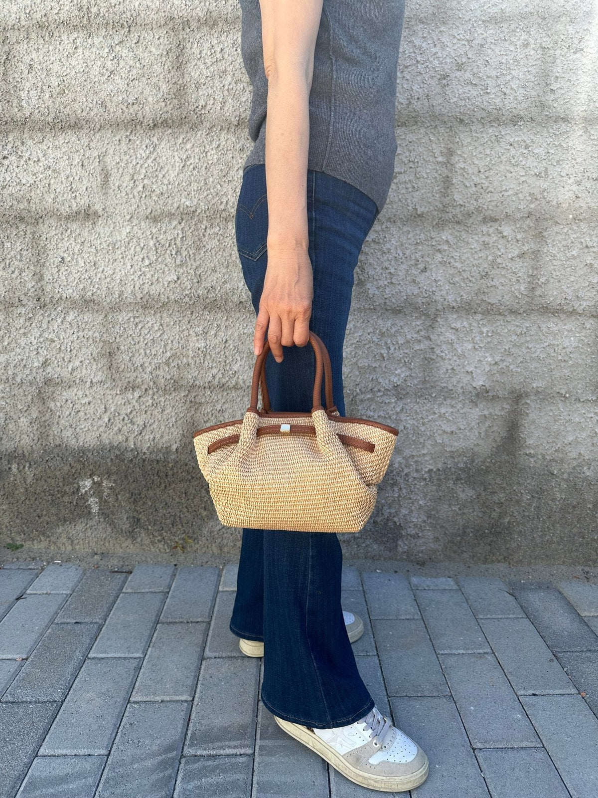 Francia Small Woven Straw Tote Bag with Leather-Look Trim – view 4