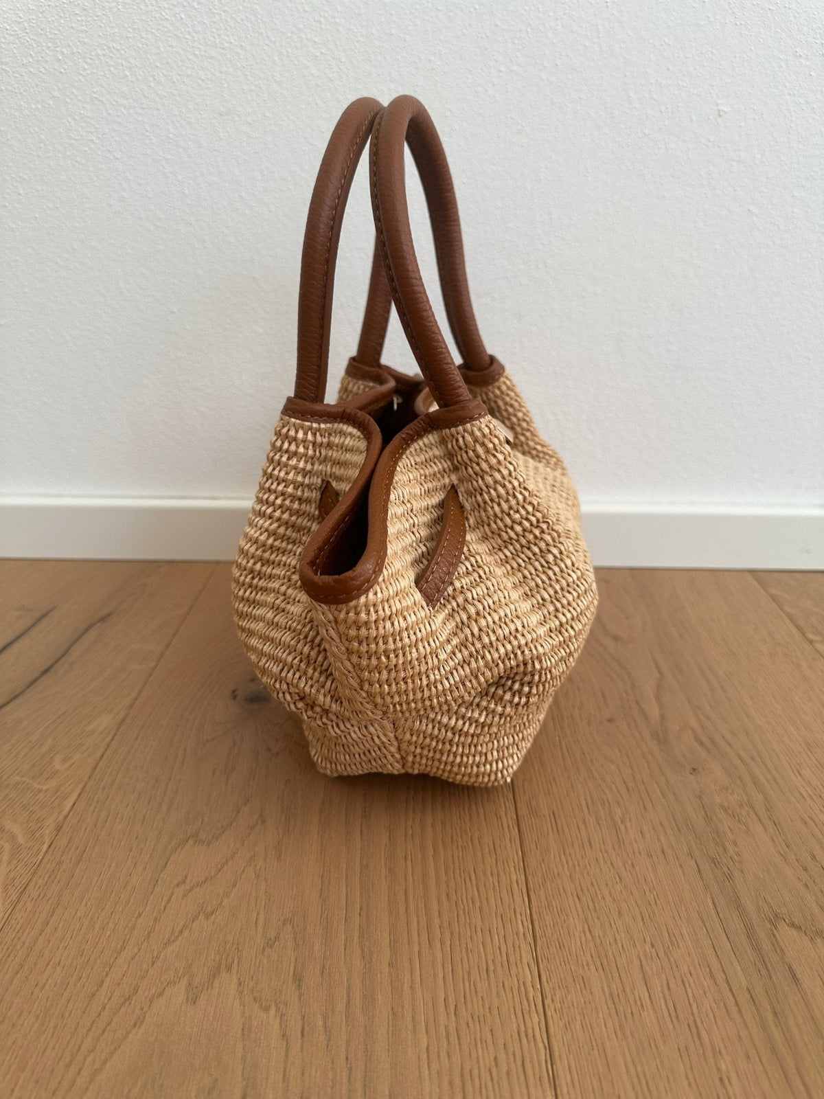 Francia Small Woven Straw Tote Bag with Leather-Look Trim