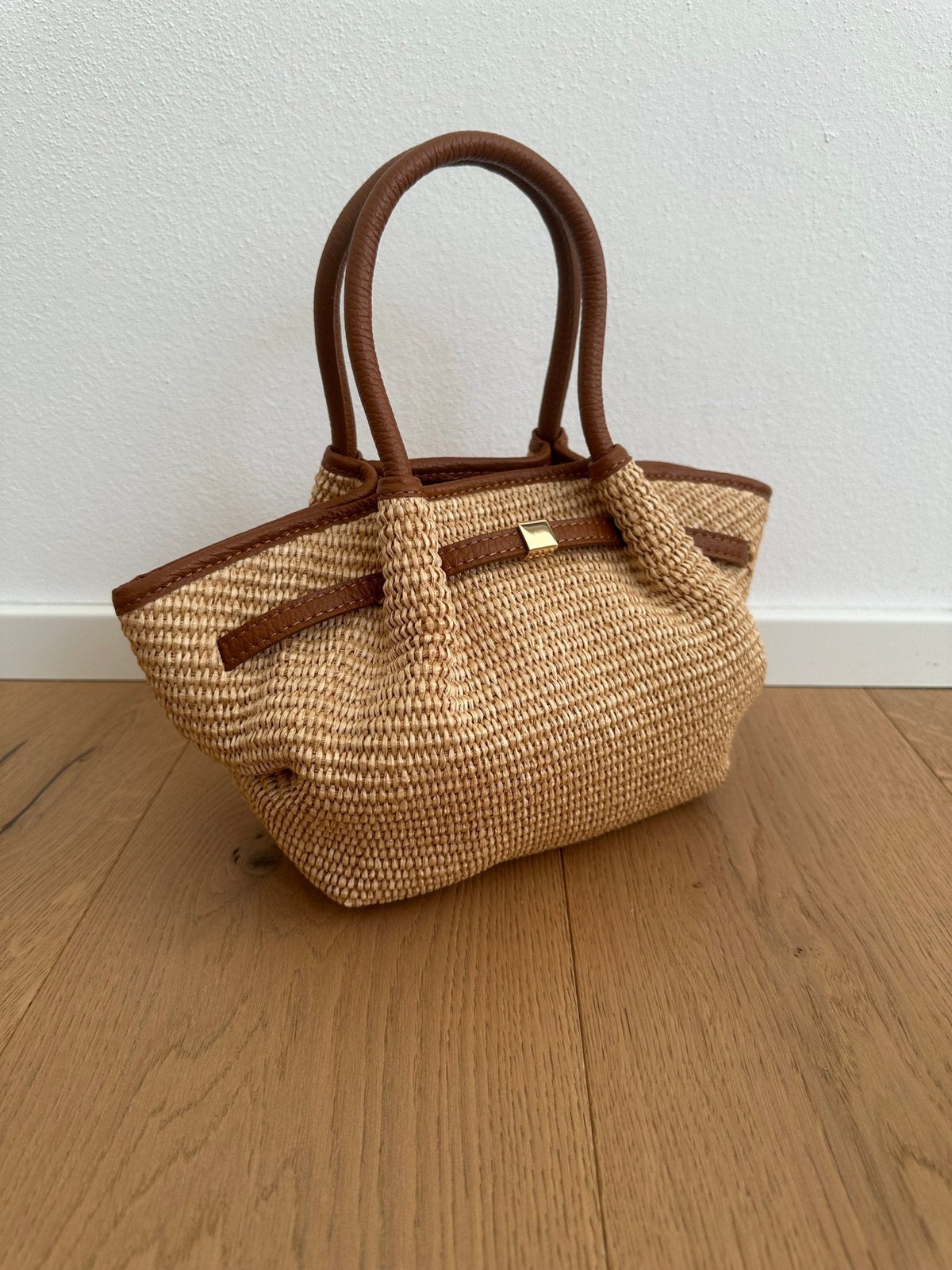 Francia Small Woven Straw Tote Bag with Leather-Look Trim