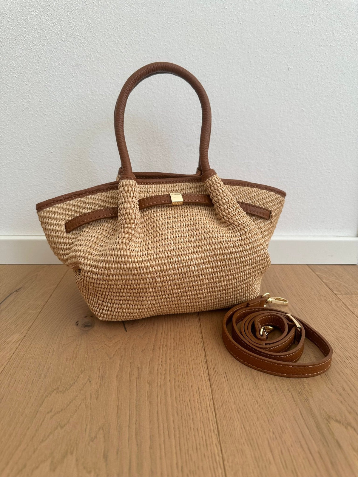 Francia Small Woven Straw Tote Bag with Leather-Look Trim