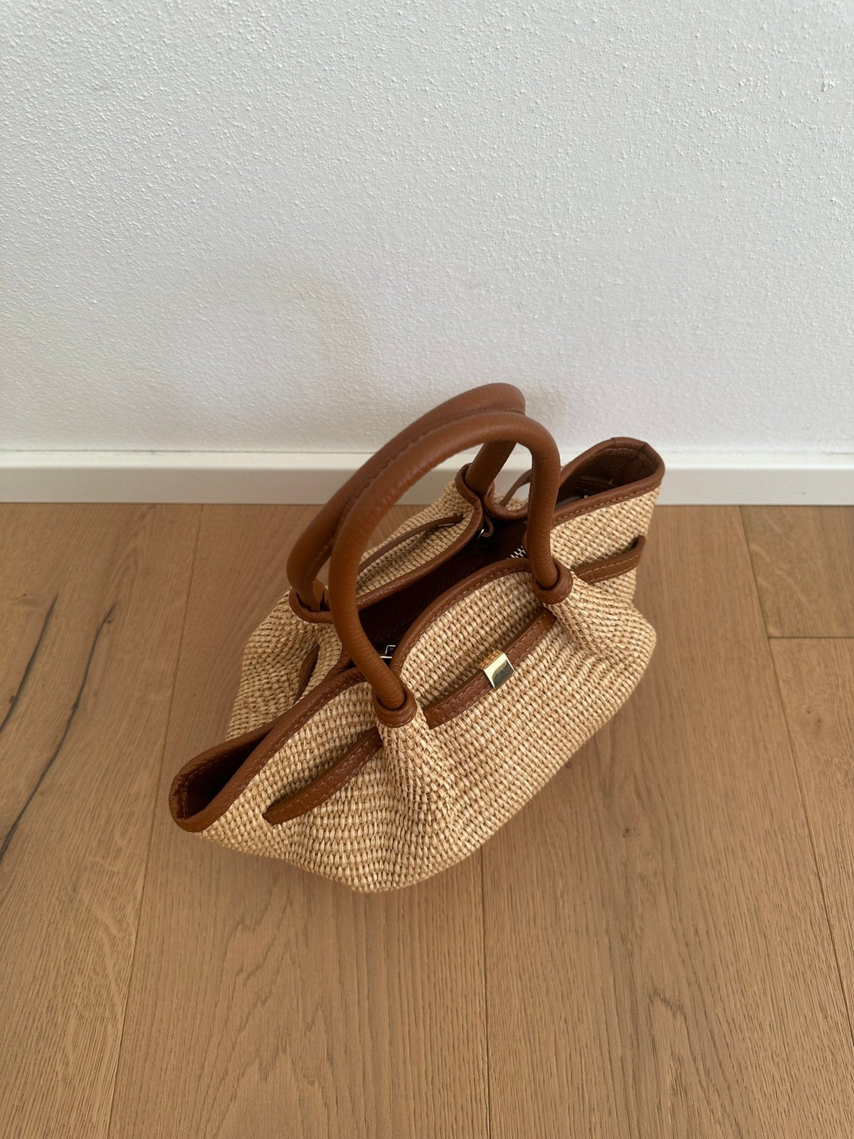 Francia Small Woven Straw Tote Bag with Leather-Look Trim