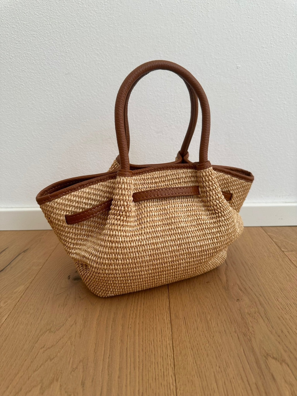 Francia Small Woven Straw Tote Bag with Leather-Look Trim