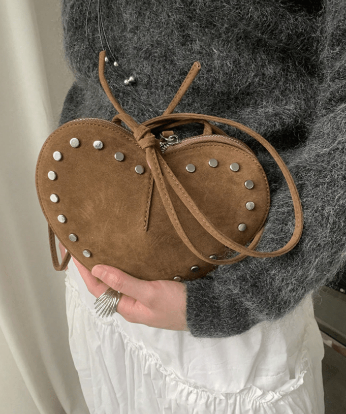 Jane Heart-Shaped Faux Suede Crossbody Bag with Rivet Detail – view 7
