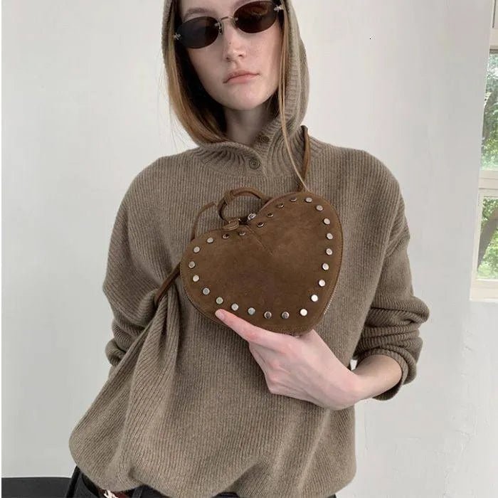 Jane Heart-Shaped Faux Suede Crossbody Bag with Rivet Detail – view 5