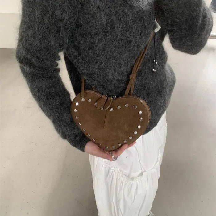Jane Heart-Shaped Faux Suede Crossbody Bag with Rivet Detail – view 4