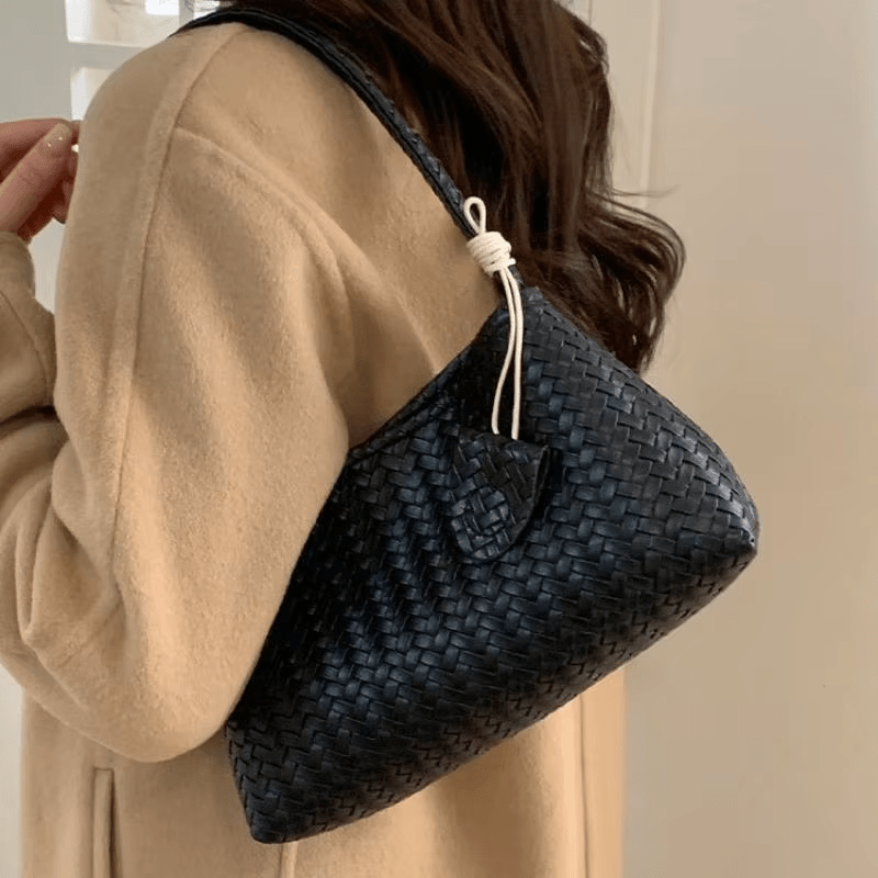 Jasmin Glossy Woven Vegan Leather Shoulder Bag with Magnetic Clasp