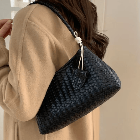 Jasmin Glossy Woven Vegan Leather Shoulder Bag with Magnetic Clasp