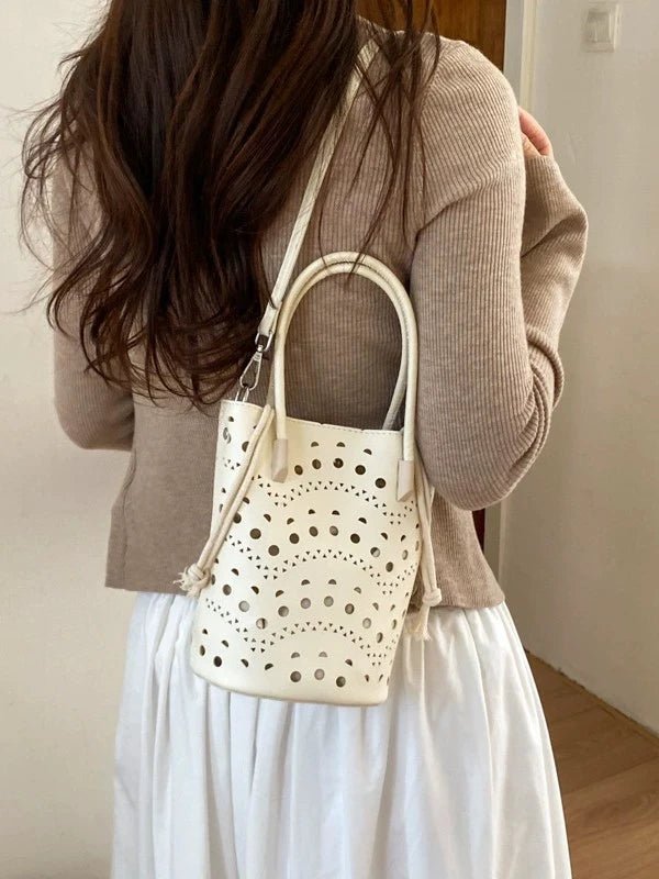 Lara Hollow-Out Drawstring Bucket Bag for Shoulder or Crossbody