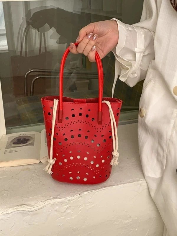 Lara Hollow-Out Drawstring Bucket Bag for Shoulder or Crossbody