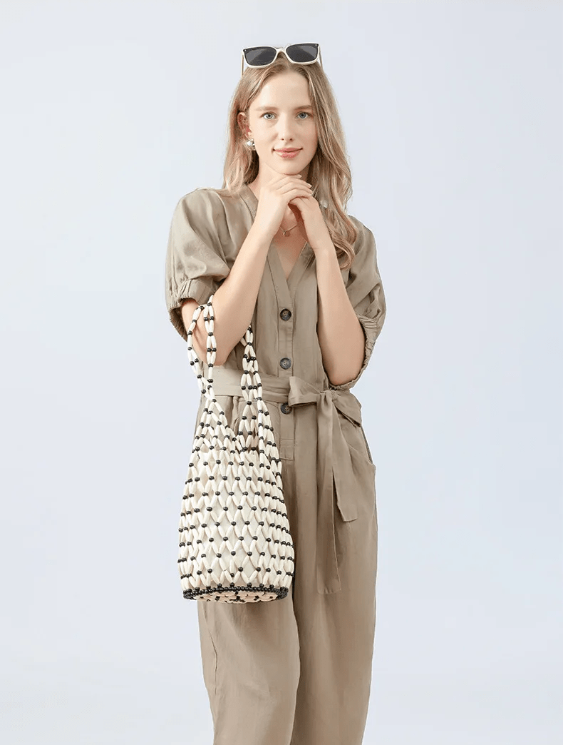 Margot Handmade Woven Bucket Tote with Wooden Bead Accents – view 14