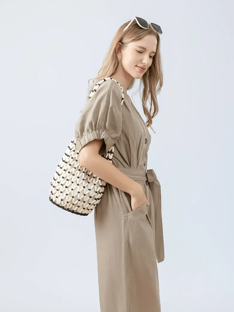 Margot Handmade Woven Bucket Tote with Wooden Bead Accents – view 15