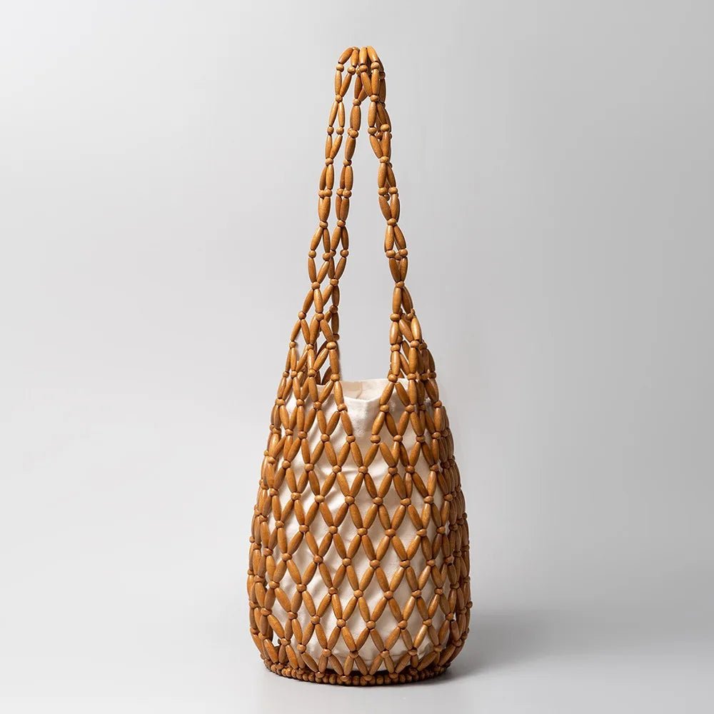 Margot Handmade Woven Bucket Tote with Wooden Bead Accents