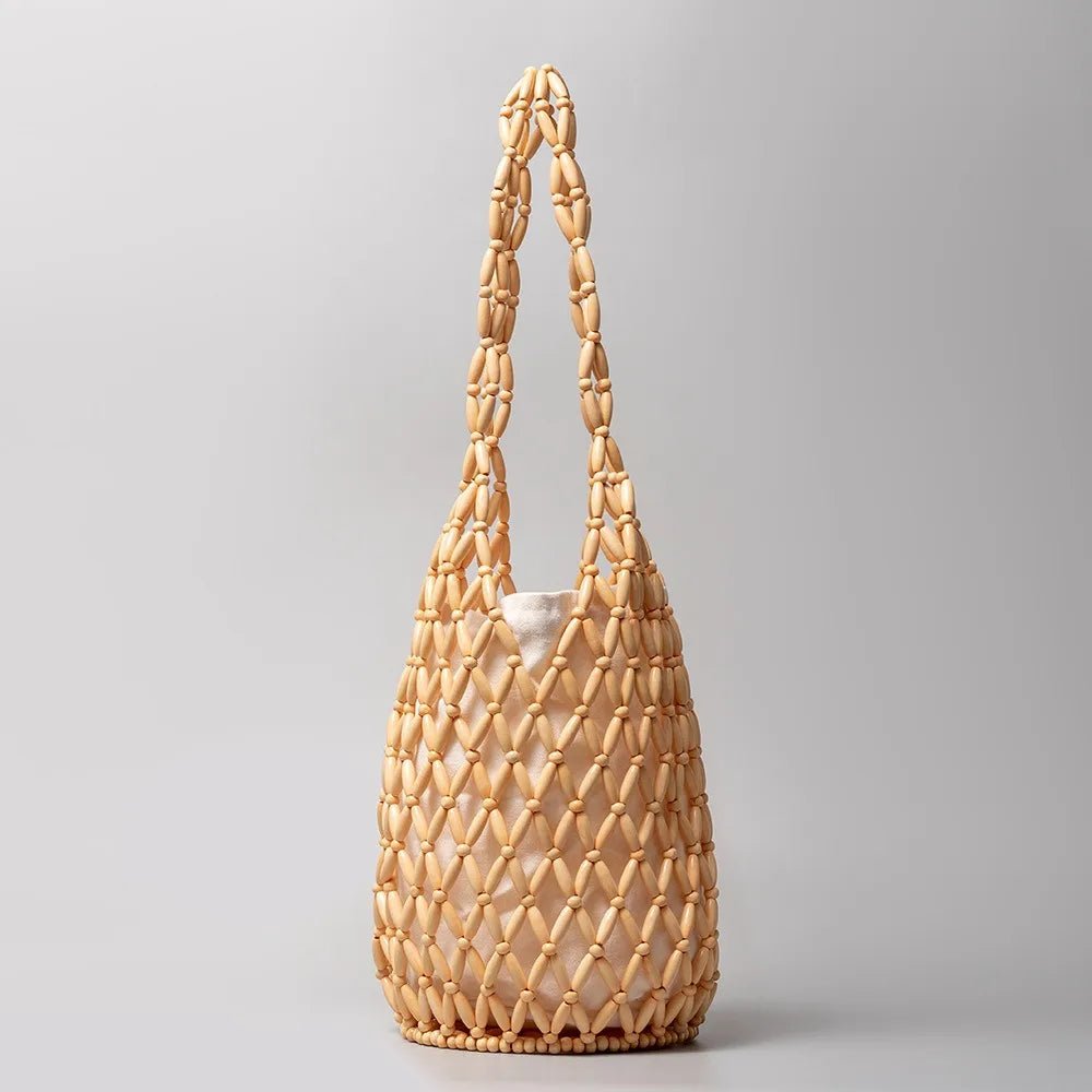 Margot Handmade Woven Bucket Tote with Wooden Bead Accents – view 3