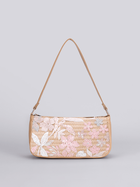 Marina Floral Embroidered Sequin Shoulder Bag with Zip