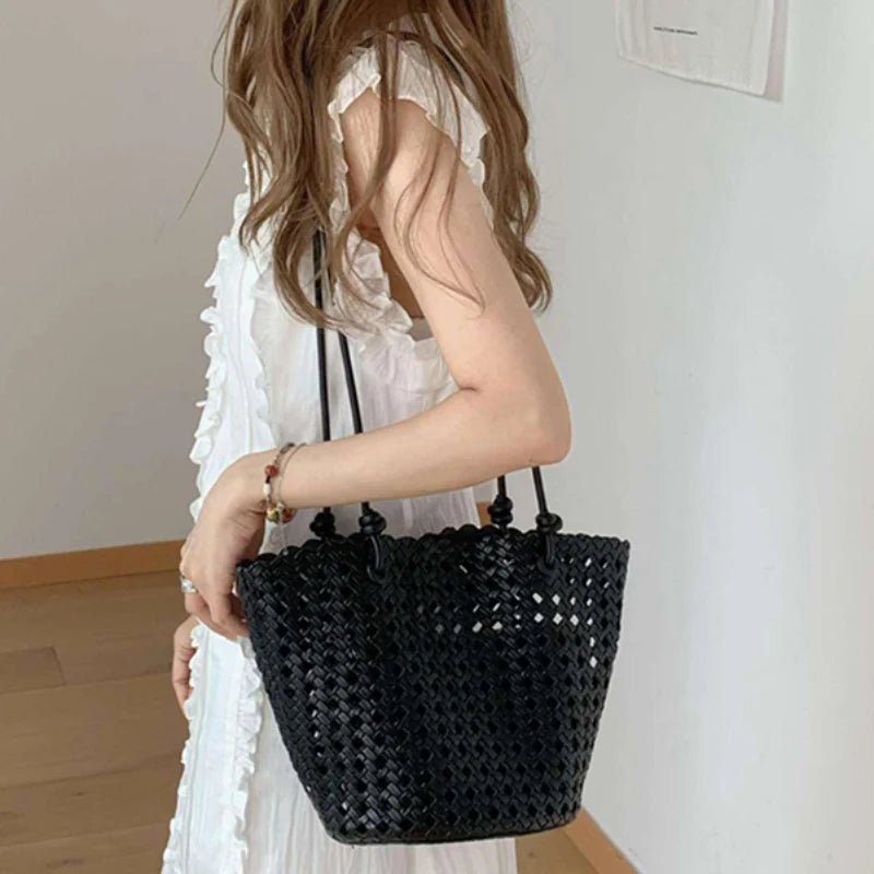 Matilde Hand-Woven Vegan Leather Bucket Bag with Inner Zip Pocket – view 3