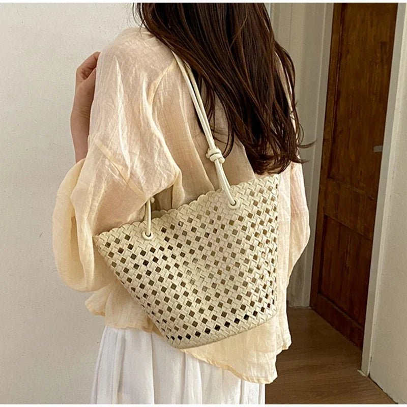 Matilde Hand-Woven Vegan Leather Bucket Bag with Inner Zip Pocket – view 5