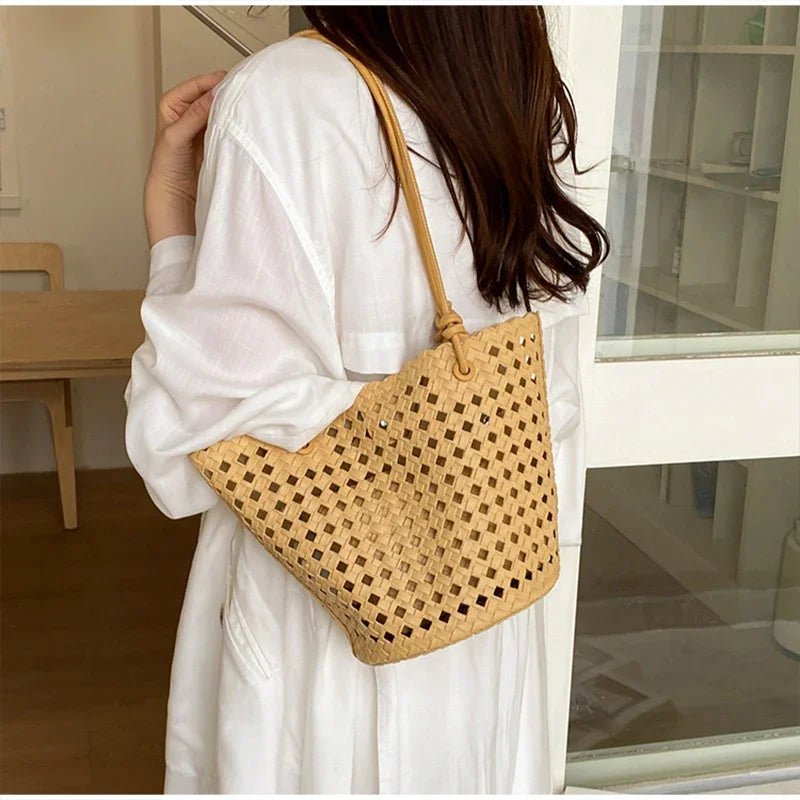Matilde Hand-Woven Vegan Leather Bucket Bag with Inner Zip Pocket