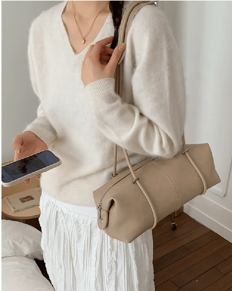Mila Boston Pillow Vegan Leather Shoulder Bag with Top Zip – Beige – view 1